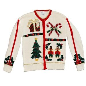VTG Marisa Christina Christmas Cardigan Sweater M Nutcracker Tree Candy Cane‎ 3D